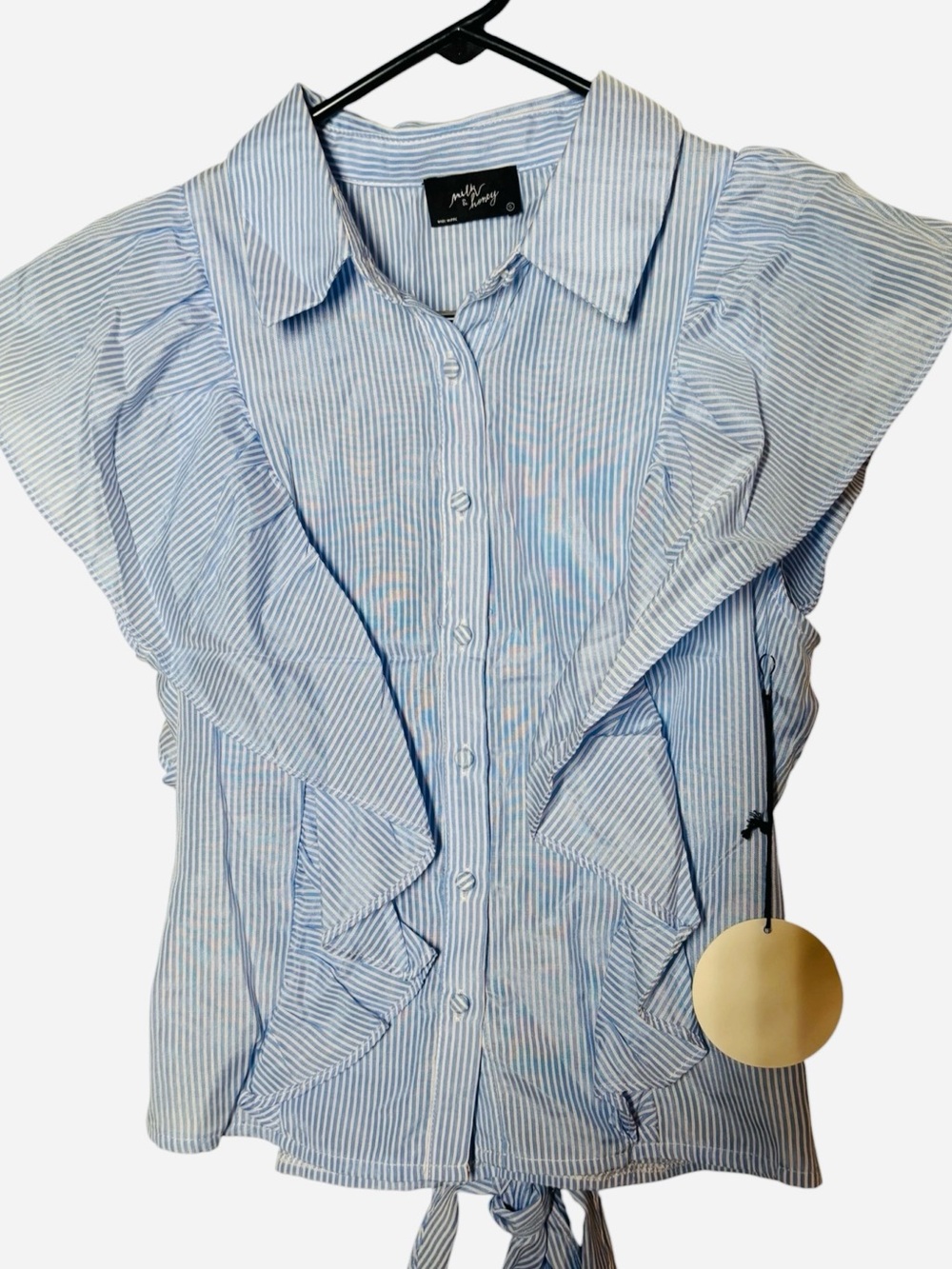 {NWT} Milk & Honey Striped Ruffle Tie Blouse - Light Blue & White Small